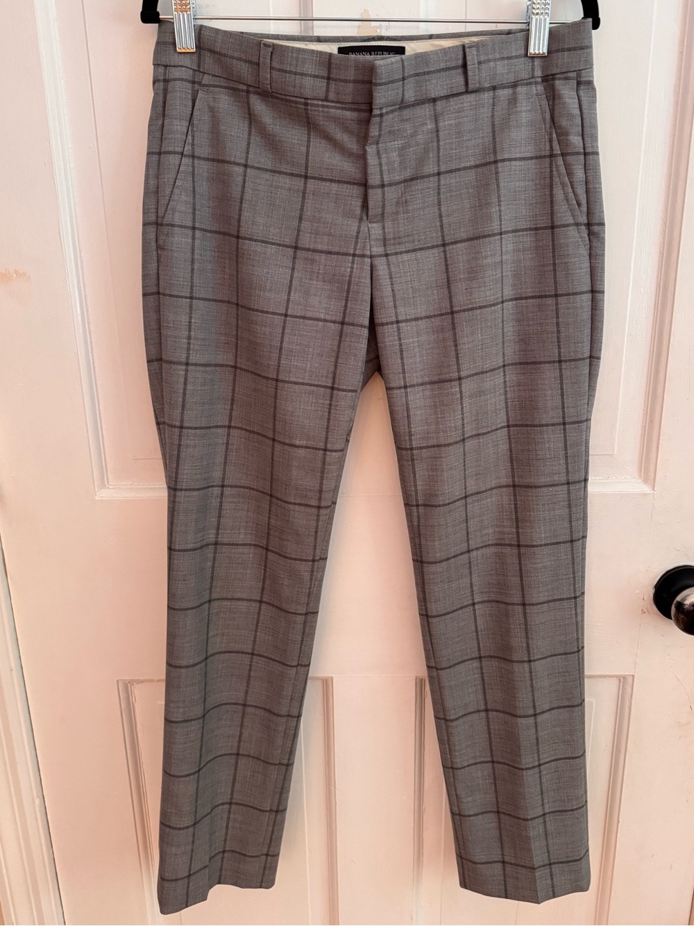 Banana Republic Ryan Pants 2P Gray Windowpane Plaid Wool Blend Slim Dress Trouse
